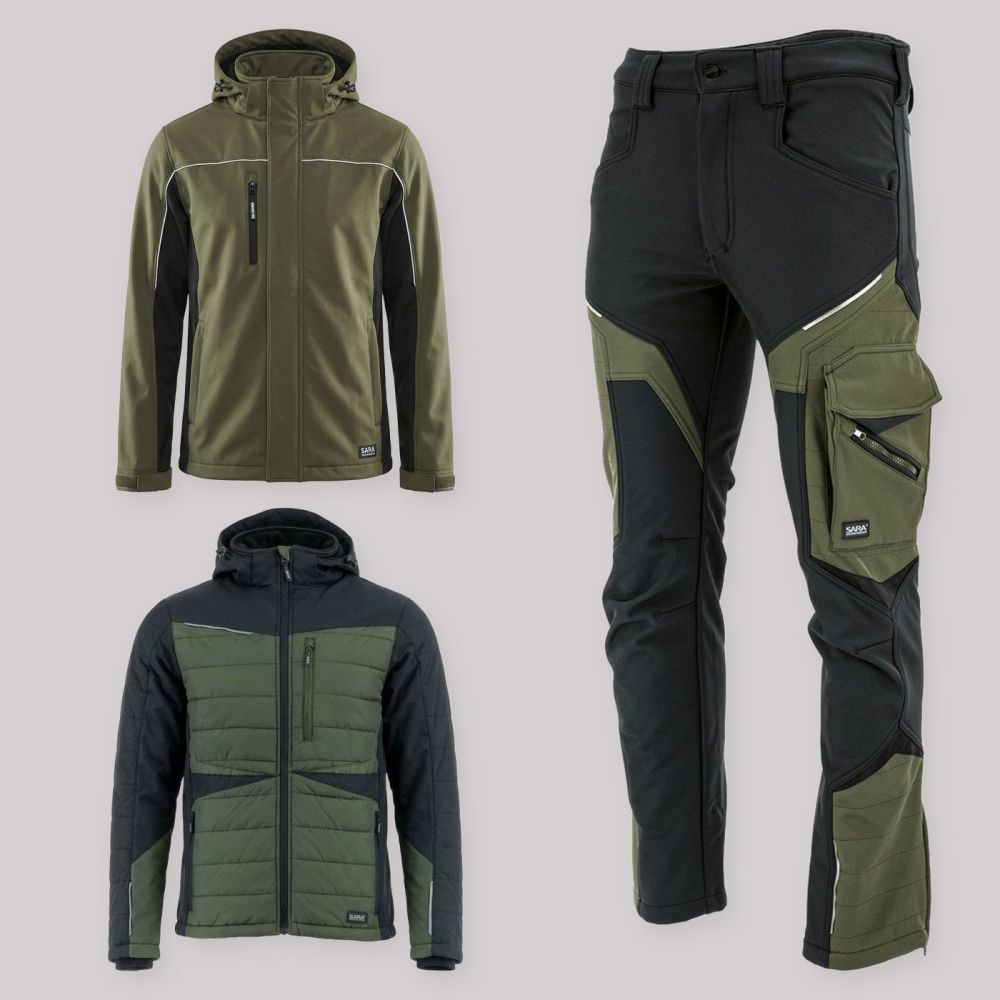 Zestaw roboczy na cały sezon oliwkowo-czarny — kurtka zimowa, kurtka hybrydowa i spodnie softshell Comfort Winter