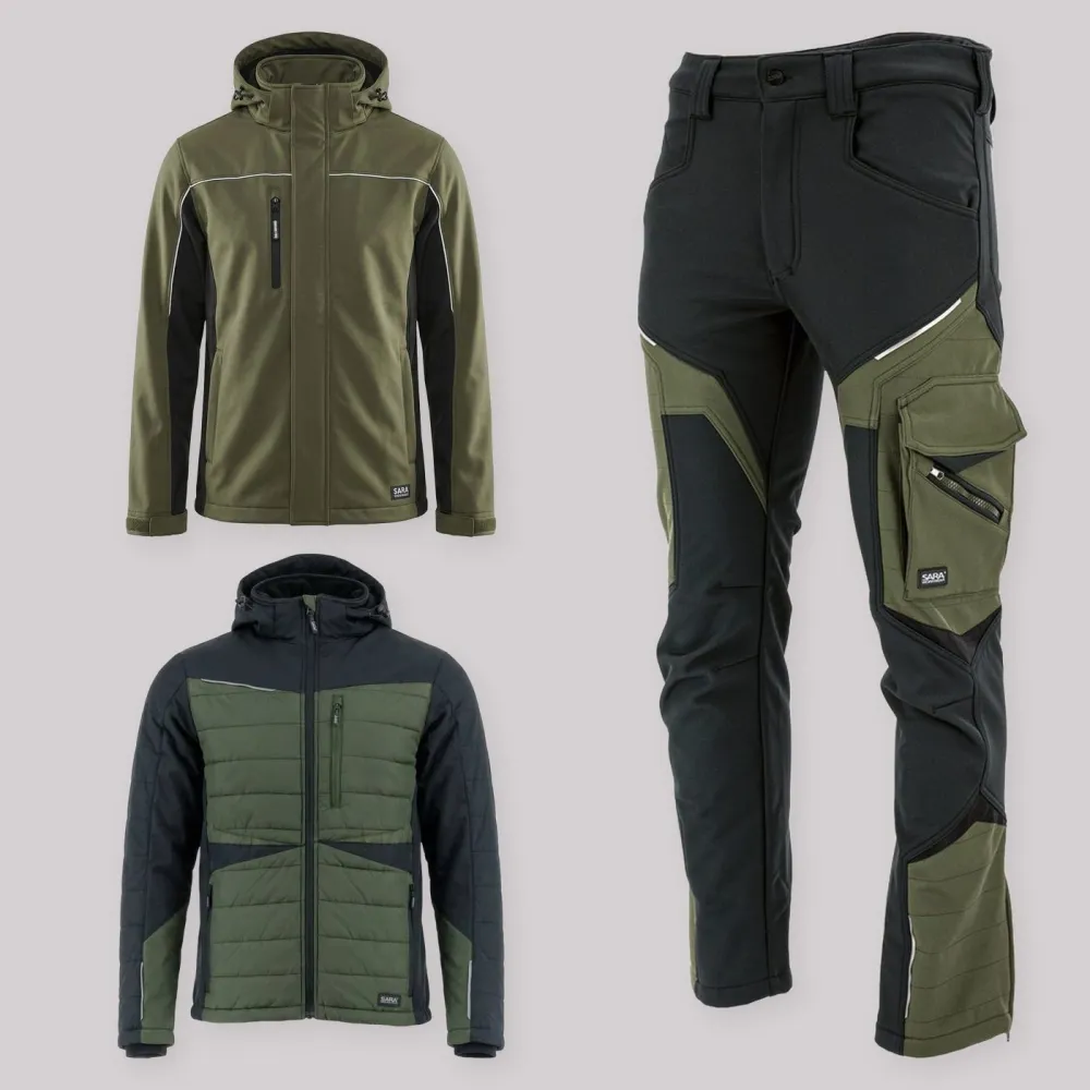 Zestaw roboczy na cały sezon oliwkowo-czarny — kurtka zimowa, kurtka hybrydowa i spodnie softshell Comfort Winter