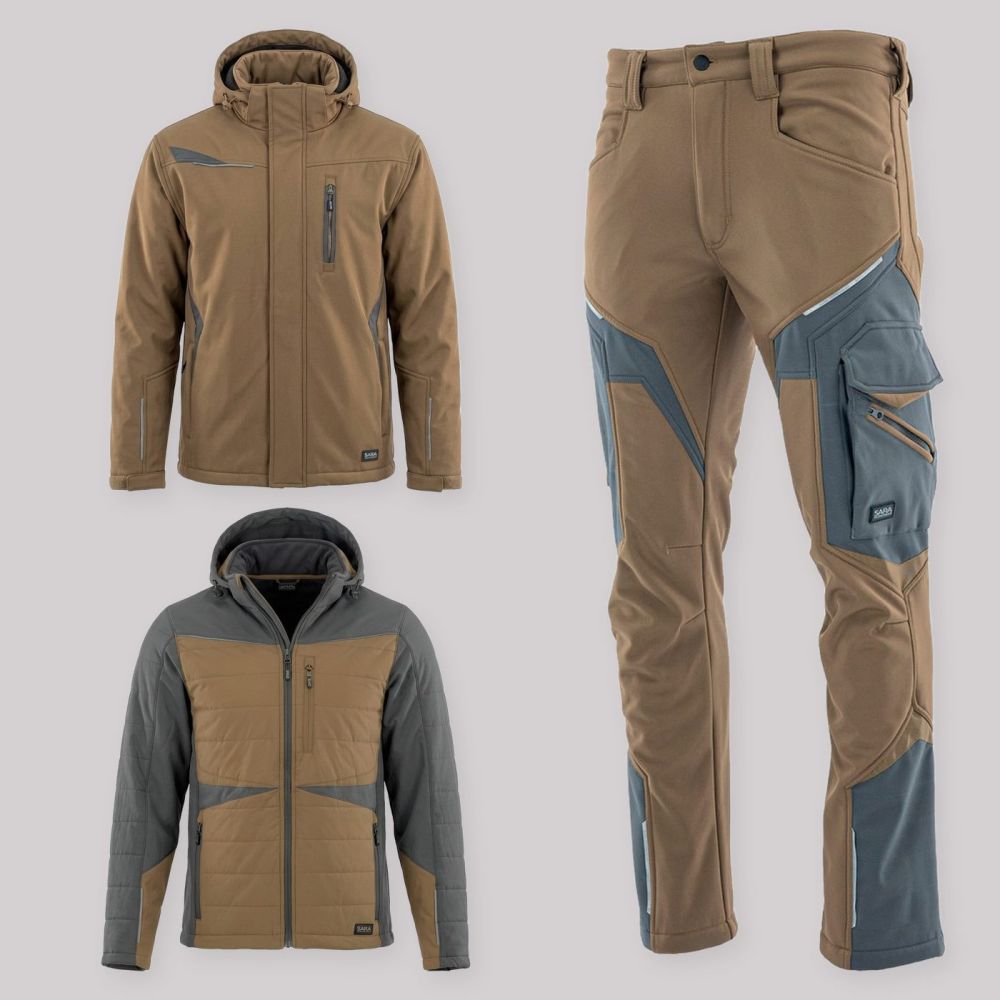 Zestaw roboczy na cały sezon brązowo-grafitowy — kurtka zimowa, kurtka hybrydowa i spodnie softshell Comfort Winter