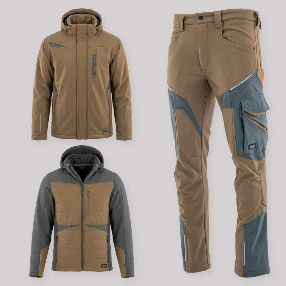 Zestaw roboczy na cały sezon brązowo-grafitowy — kurtka zimowa, kurtka hybrydowa i spodnie softshell Comfort Winter