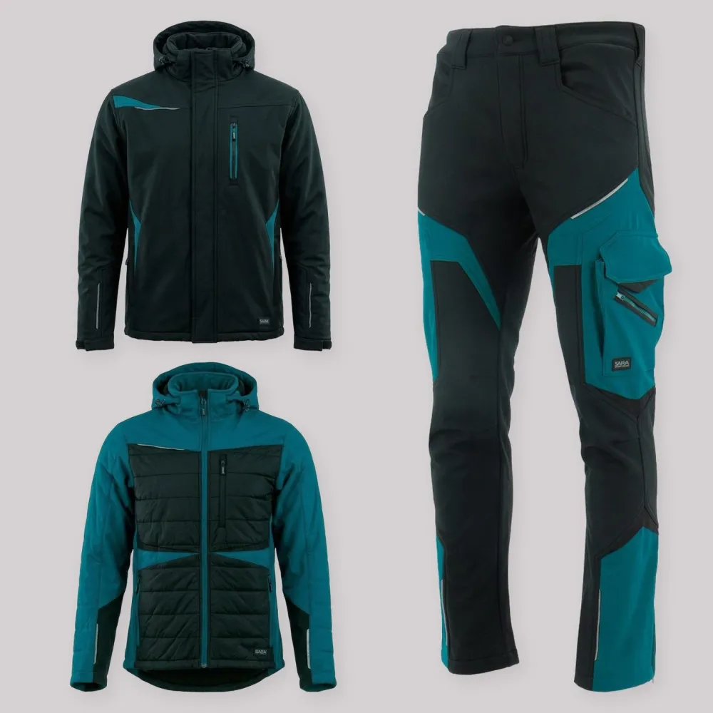 Zestaw roboczy na cały sezon czarno-petrolowy — kurtka zimowa, kurtka hybrydowa i spodnie softshell Comfort Winter