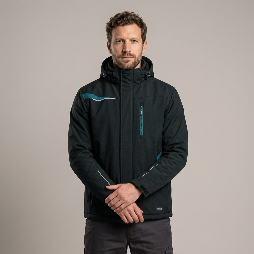 Zestaw roboczy na cały sezon czarno-petrolowy — kurtka zimowa, kurtka hybrydowa i spodnie softshell Comfort Winter