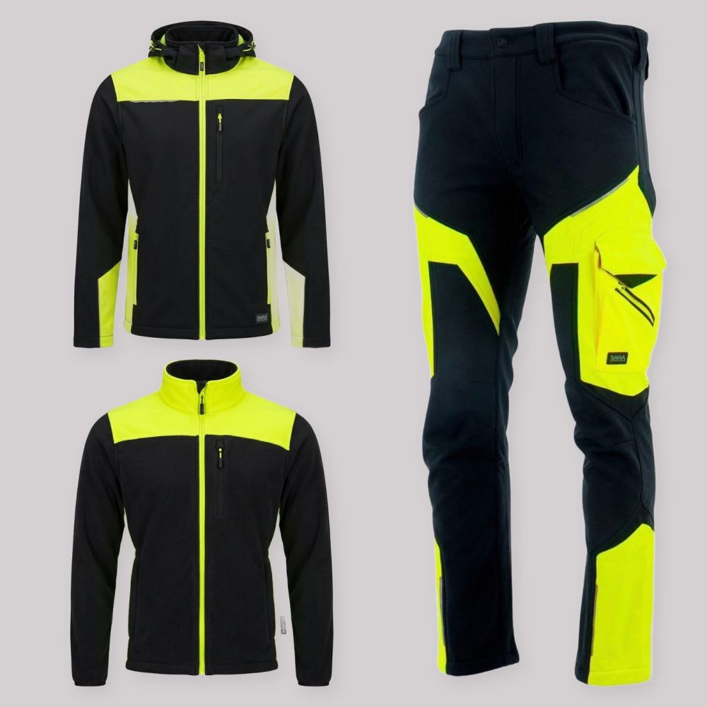 Zestaw roboczy jesienny czarno-żółty — kurtka softshell, polar i spodnie softshell