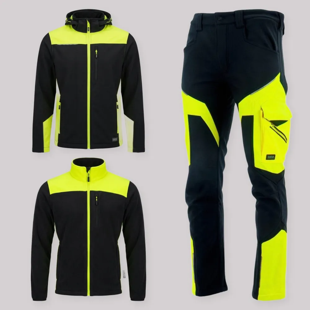 Zestaw roboczy jesienny czarno-żółty — kurtka softshell, polar i spodnie softshell