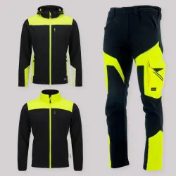 Zestaw roboczy jesienny czarno-żółty — kurtka softshell, polar i spodnie softshell