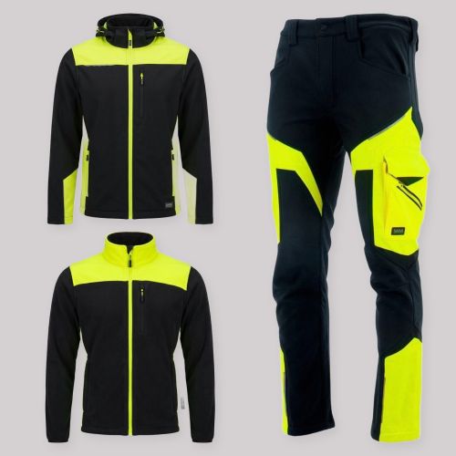 Zestaw roboczy jesienny czarno-żółty: kurtka softshell, polar i spodnie softshell