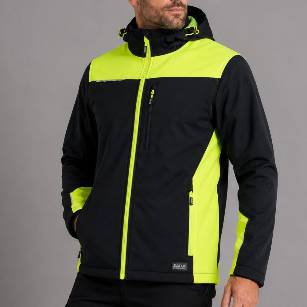 Zestaw roboczy jesienny czarno-żółty — kurtka softshell, polar i spodnie softshell