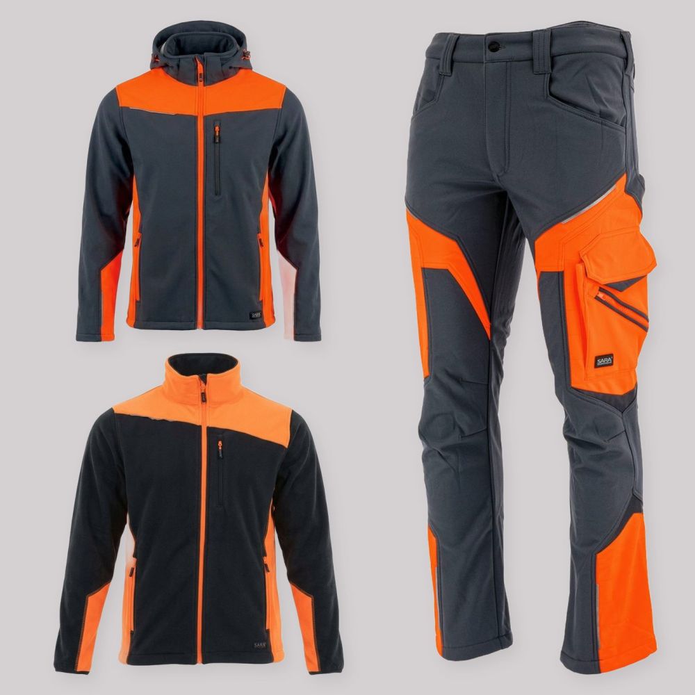 Zestaw roboczy jesienny grafitowo-pomarańczowy — kurtka softshell, polar i spodnie softshell