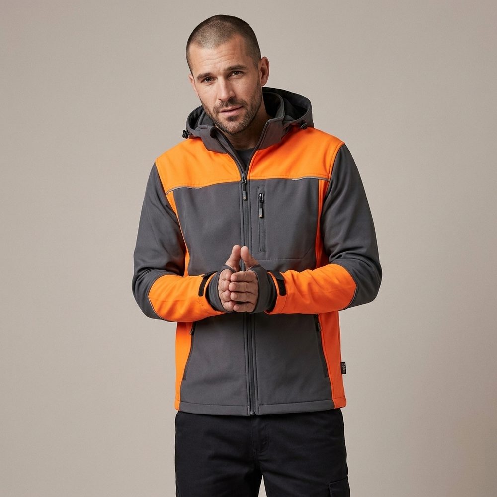 Zestaw roboczy jesienny grafitowo-pomarańczowy — kurtka softshell, polar i spodnie softshell