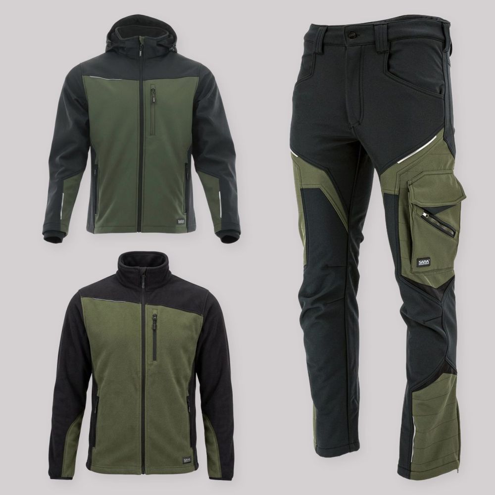 Zestaw roboczy jesienny oliwkowo-czarny — kurtka softshell, polar i spodnie softshell