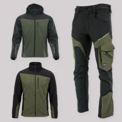 Zestaw roboczy jesienny oliwkowo-czarny — kurtka softshell, polar i spodnie softshell