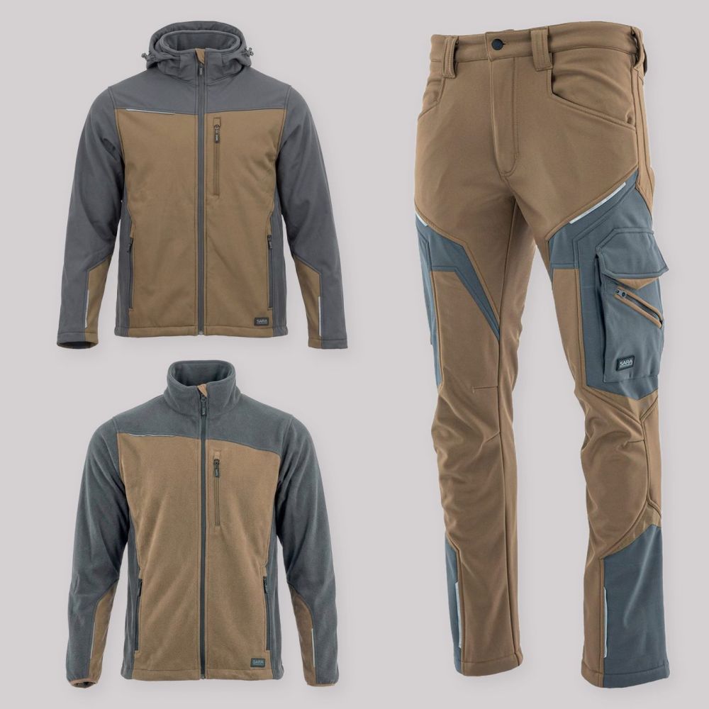 Zestaw roboczy jesienny brązowo-grafitowy — kurtka softshell, polar i spodnie softshell