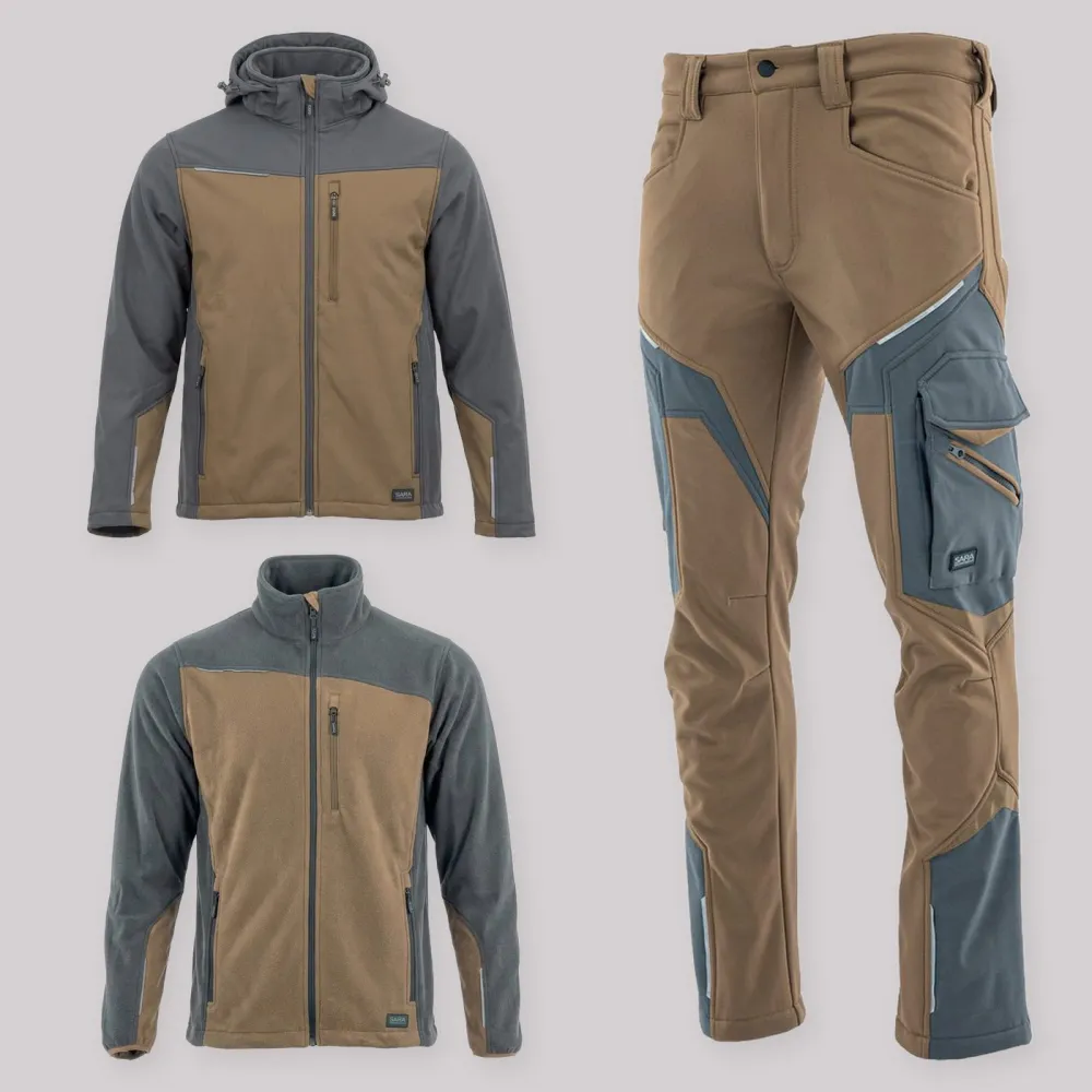 Zestaw roboczy jesienny brązowo-grafitowy — kurtka softshell, polar i spodnie softshell
