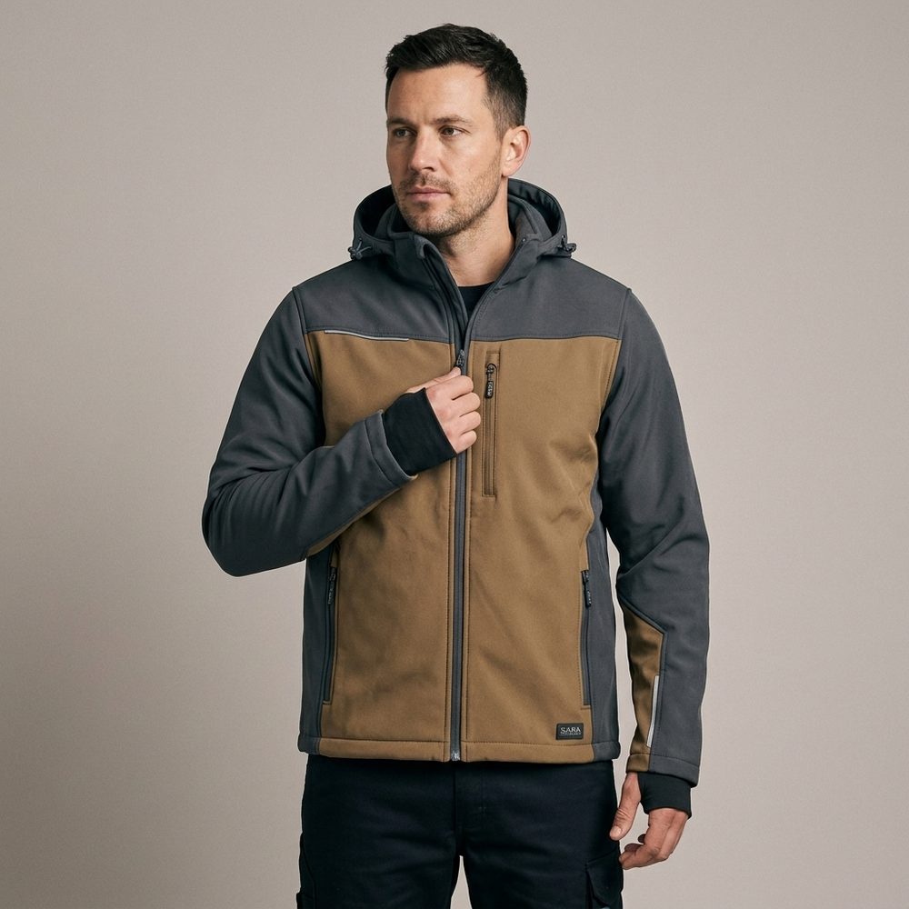 Zestaw roboczy jesienny brązowo-grafitowy — kurtka softshell, polar i spodnie softshell