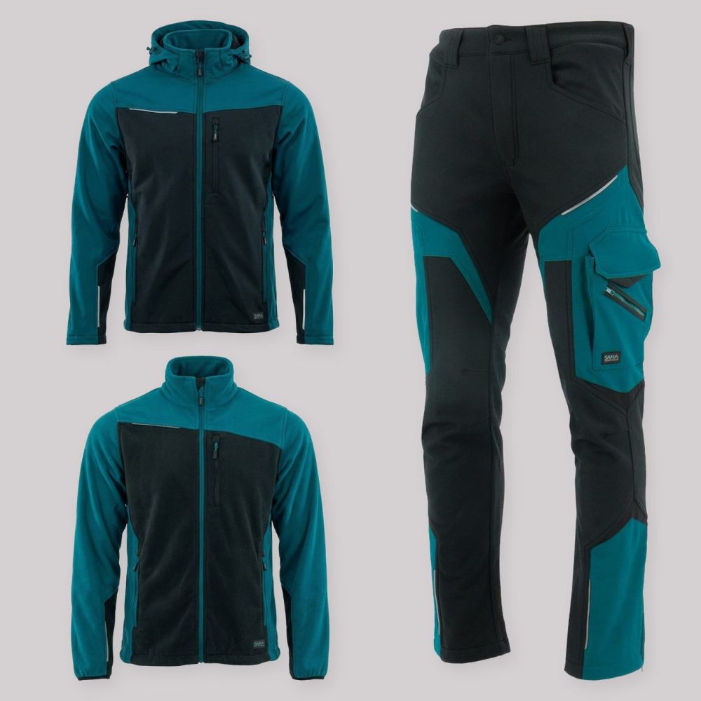 Zestaw roboczy jesienny czarno-petrolowy — kurtka softshell, polar i spodnie softshell