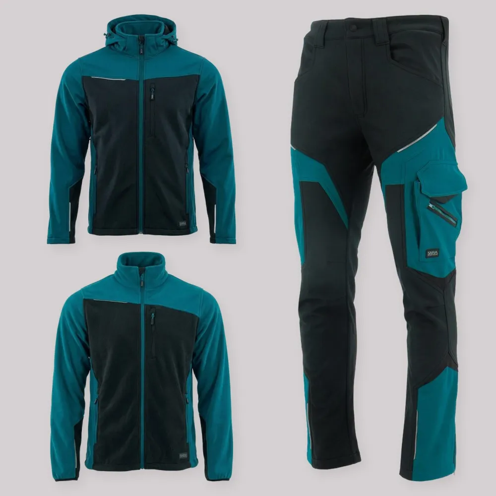 Zestaw roboczy jesienny czarno-petrolowy — kurtka softshell, polar i spodnie softshell