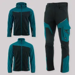 Zestaw roboczy jesienny czarno-petrolowy — kurtka softshell, polar i spodnie softshell