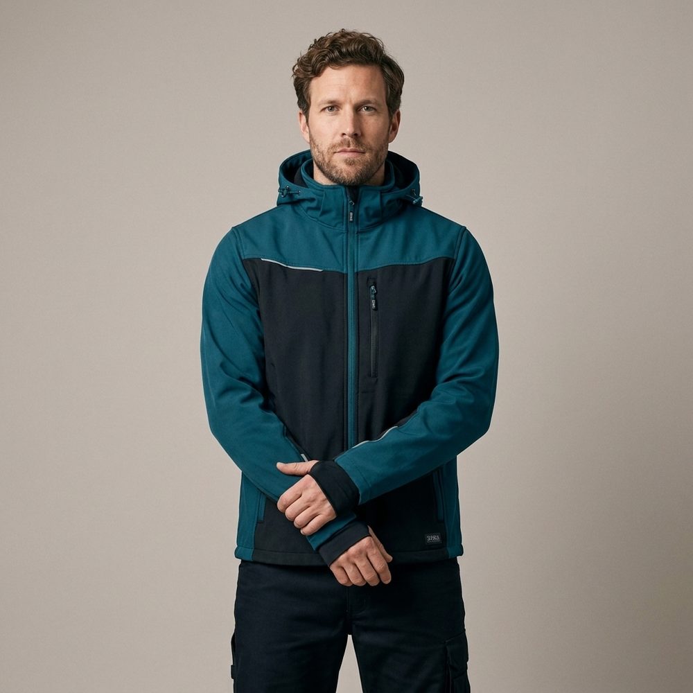 Zestaw roboczy jesienny czarno-petrolowy — kurtka softshell, polar i spodnie softshell