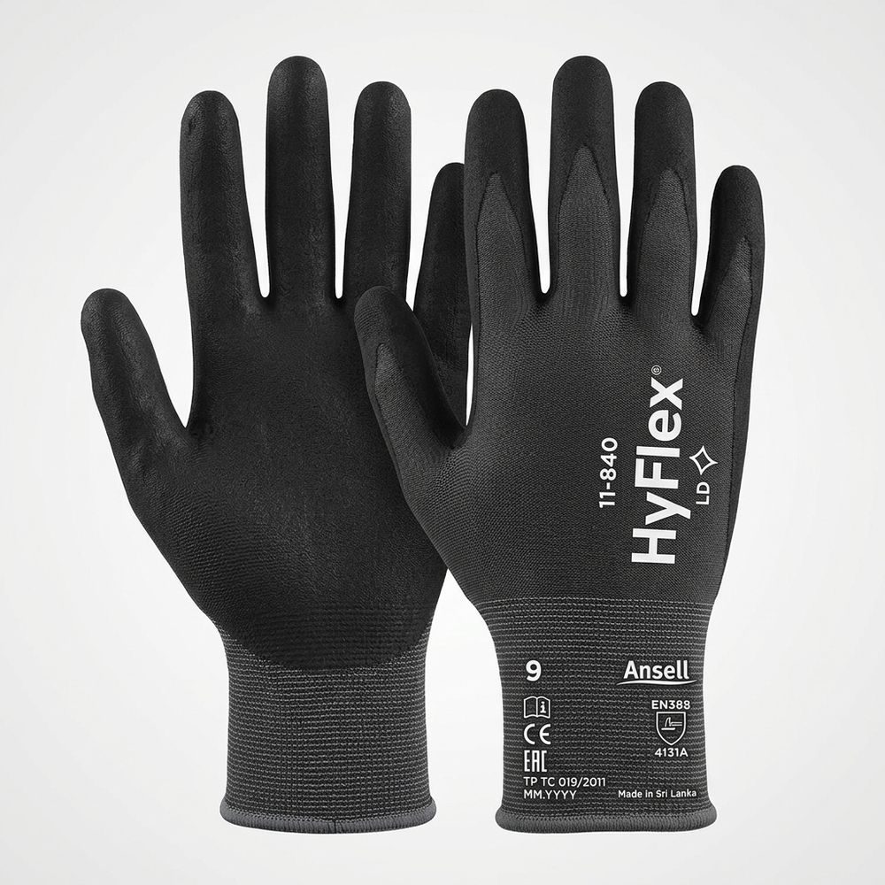 Rękawice montażowe Ansell HyFlex 11-840 EN 388 4131A — pianka nitrylowa FORTIX, kat. III, czarne