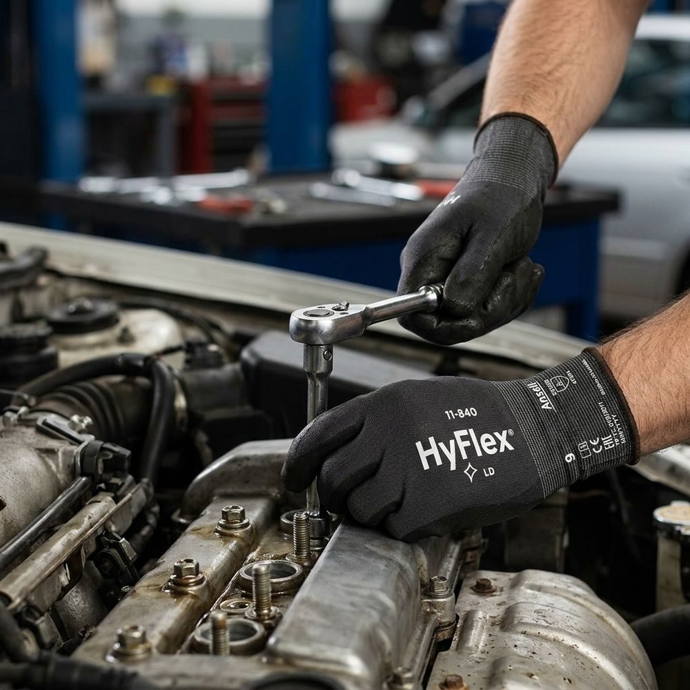 Rękawice montażowe Ansell HyFlex 11-840 EN 388 4131A — pianka nitrylowa FORTIX, kat. III, czarne