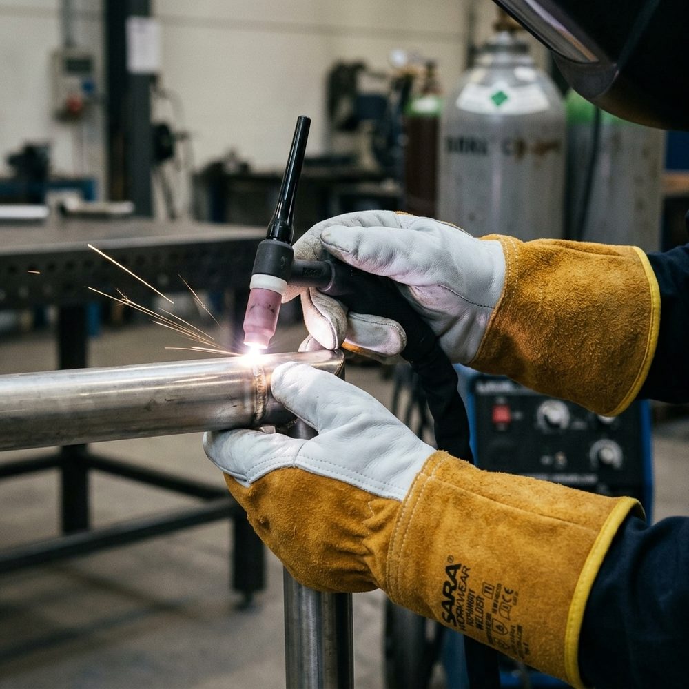Rękawice spawalnicze skórzane RSPAW001 Welder EN ISO 11611, EN ISO 11612 — dwoina + lico kozie, nici kevlarowe