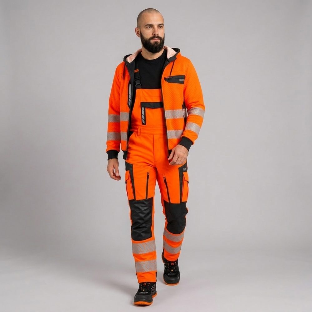 Ubranie robocze odblaskowe EN ISO 20471 Klasa 2 — komplet bluza z kapturem + ogrodniczki Drogowiec Comfort pomarańczowo-czarne