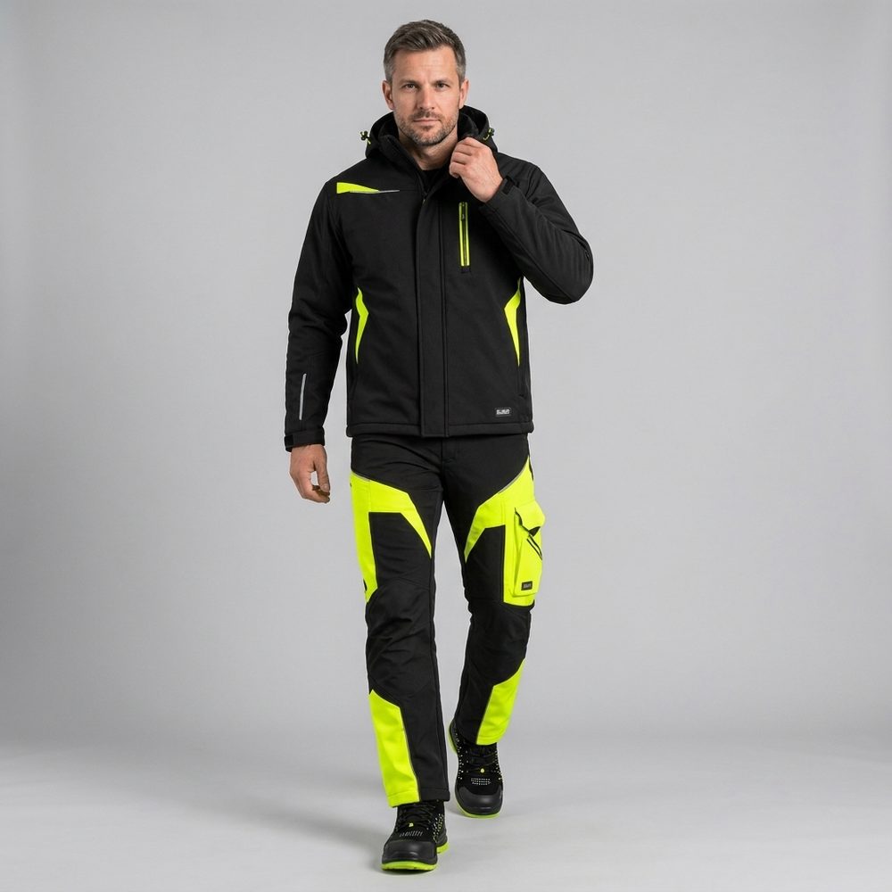 Ubranie robocze zimowe wiatroszczelne — komplet kurtka ocieplana + spodnie softshell Comfort Winter czarno-żółte