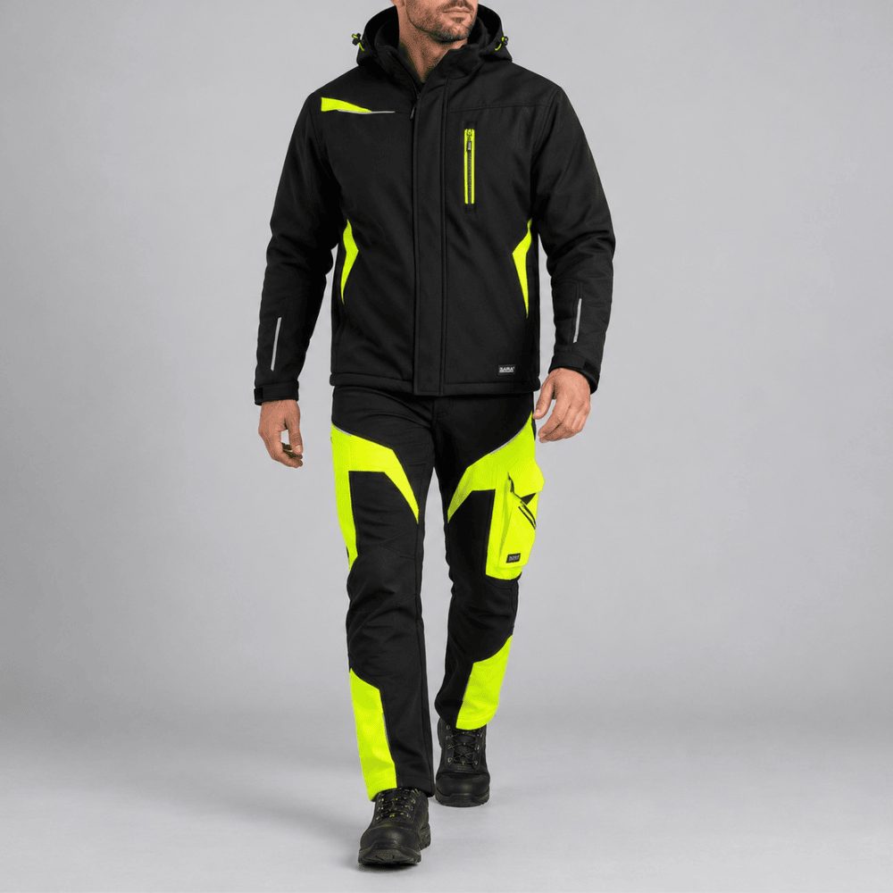 Ubranie robocze zimowe wiatroszczelne — komplet kurtka ocieplana + spodnie softshell Comfort Winter czarno-żółte – zdjęcie 2