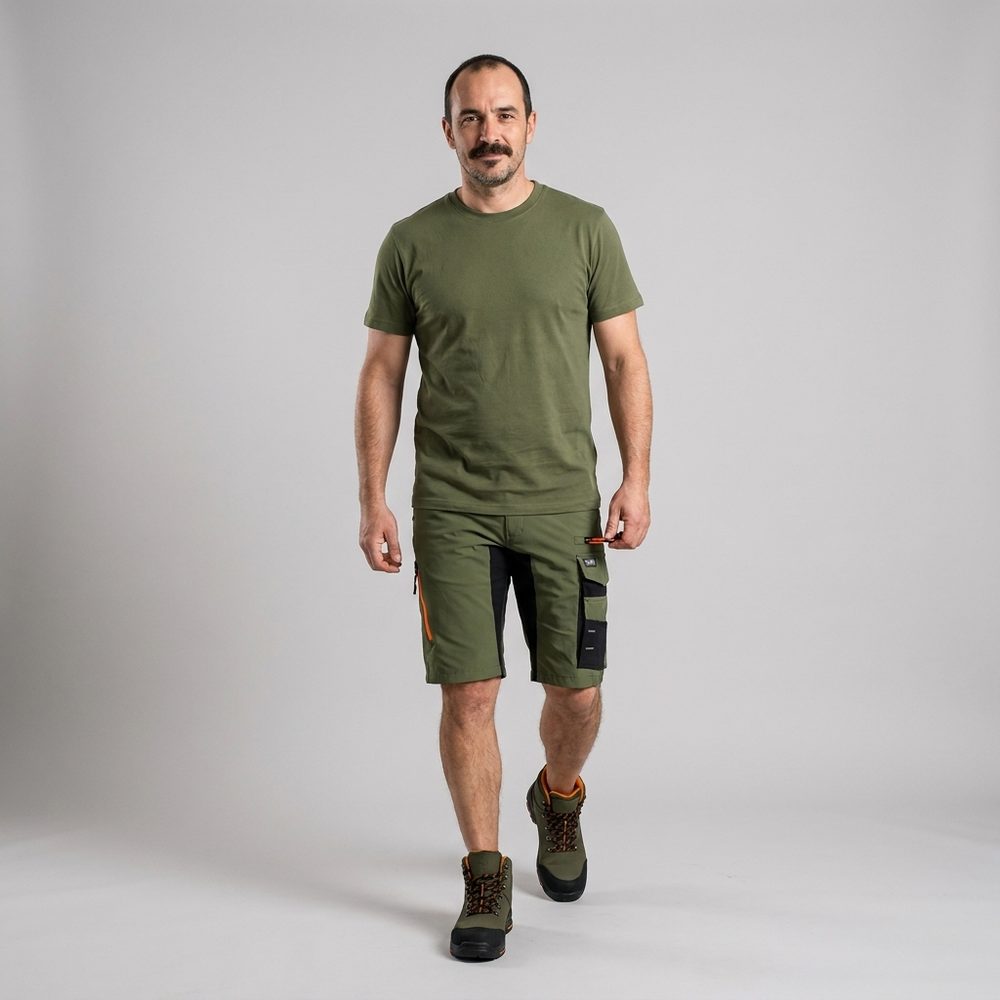 Zestaw roboczy letni Motionflex + Classic New 132 oliwkowo-czarny — spodenki 4-way stretch 200 g/m² i koszulka bawełniana