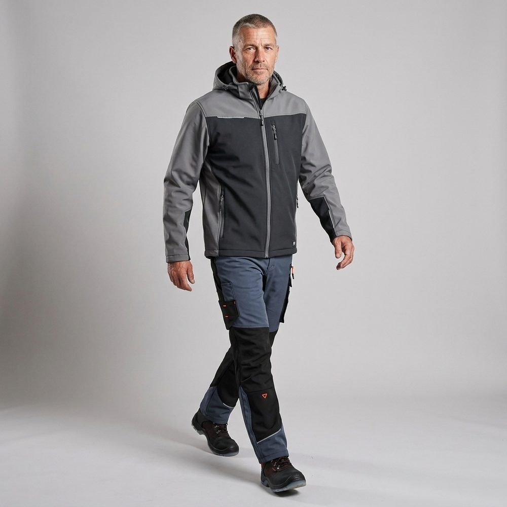 Ubranie robocze sportowe na wiatr i deszcz szaro-czarne — komplet spodnie Motionflex + softshell Comfort Plus