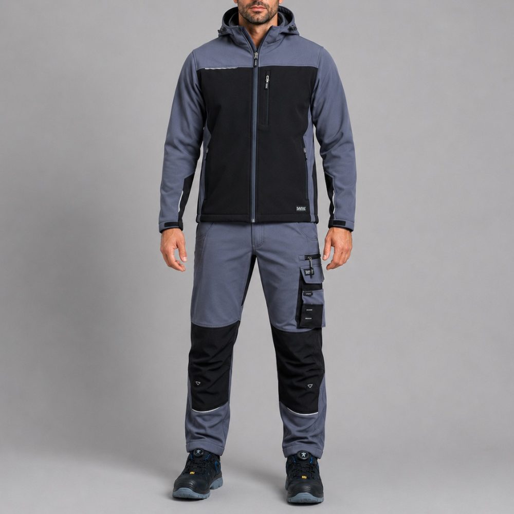 Ubranie robocze sportowe na wiatr i deszcz szaro-czarne — komplet spodnie Motionflex + softshell Comfort Plus – zdjęcie 2
