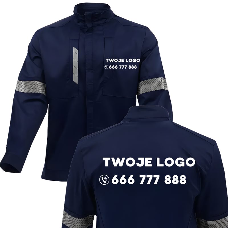 Kurtka robocza z nadrukiem logo firmy i numeru telefonu